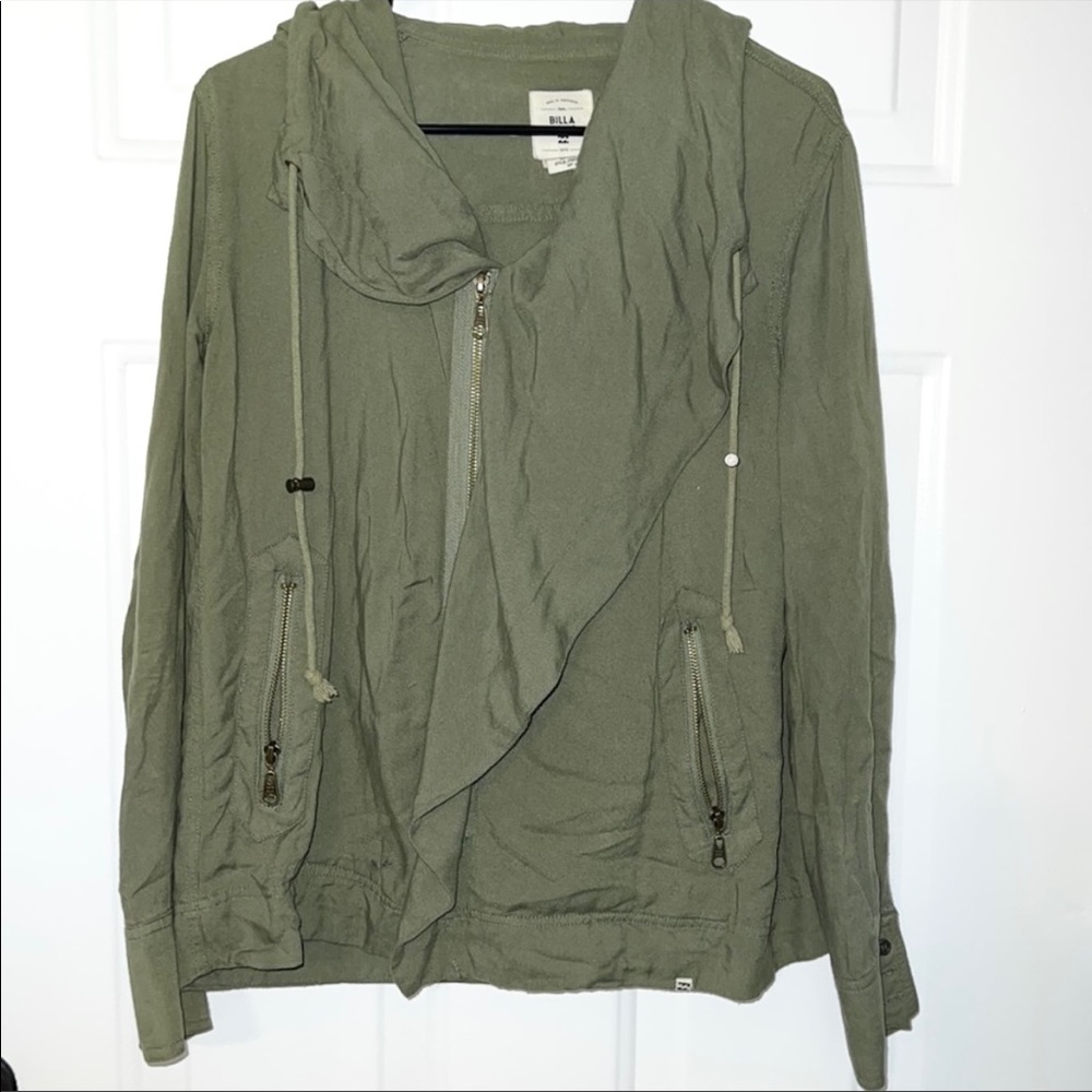 Billabong Olive Green Cargo military Jacket Coat Full Zip Lightweight Drawstring